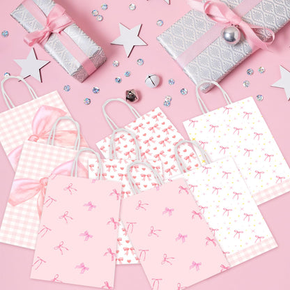 MUZRUYOU Pink Bow Goodie Bags 16 Pcs - Pink Gift Favor Bags with Handles for Birthday Party, Baby Shower, Bridal Shower, Bachelorette Supplies Coquette Theme