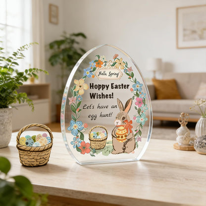 Easter Acrylic Plaque Decor - Hello Spring! Egg-Shaped Gift for Couples with Bunny, Eggs & Basket, Festive Tabletop Decor