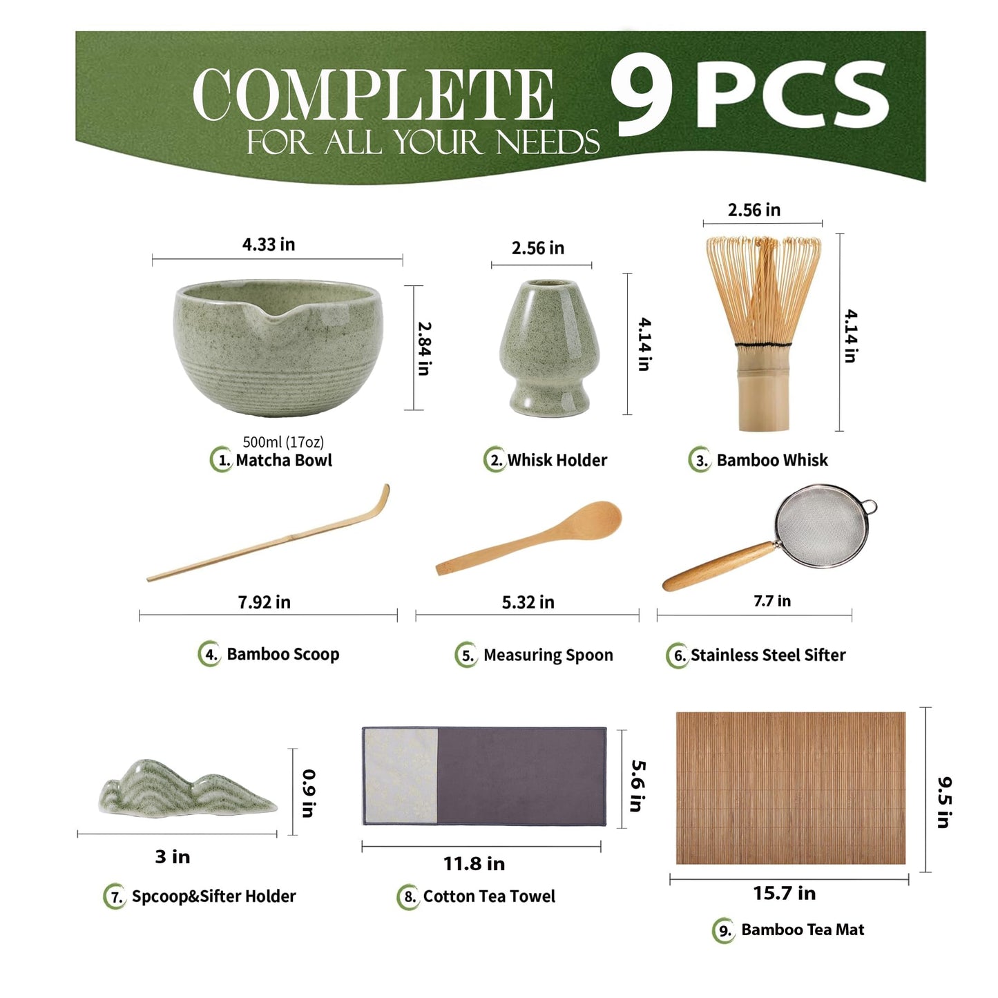 9-Piece Matcha Whisk Set, Complete Japanese Matcha Kit Tools with Ceramic Bowl, Bamboo Whisk & Scoops, Tea Ceremony Set in Elegant Gift Box, Mother’s Day Gift for Women (Matcha Green)