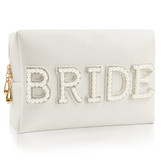Kovewon Bride Patch Letter Makeup Bag for Women Bridesmaid Engagement Gift for Her White Pearl Rhinestone Travel Toiletry Bag Make Up Bag Pouch for Purse Bridal Shower Gifts for Engagement Wedding