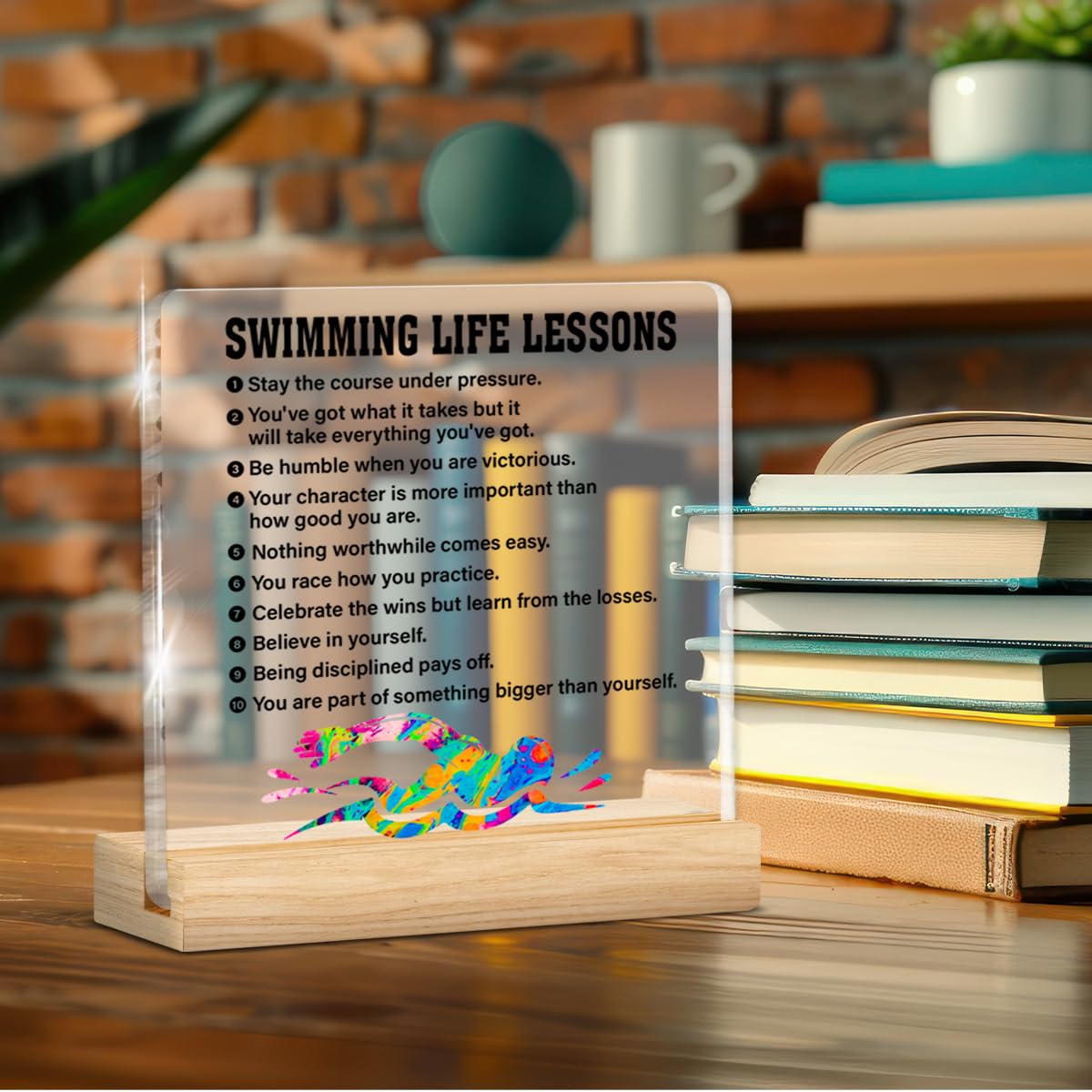 Swimming Gifts for Men Boys Women, Inspirational Gifts for Swimmer Swimming Fans Lover, Acrylic Plaque Sign with Wooden Stand Home Office Decor