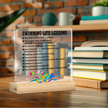 Swimming Gifts for Men Boys Women, Inspirational Gifts for Swimmer Swimming Fans Lover, Acrylic Plaque Sign with Wooden Stand Home Office Decor