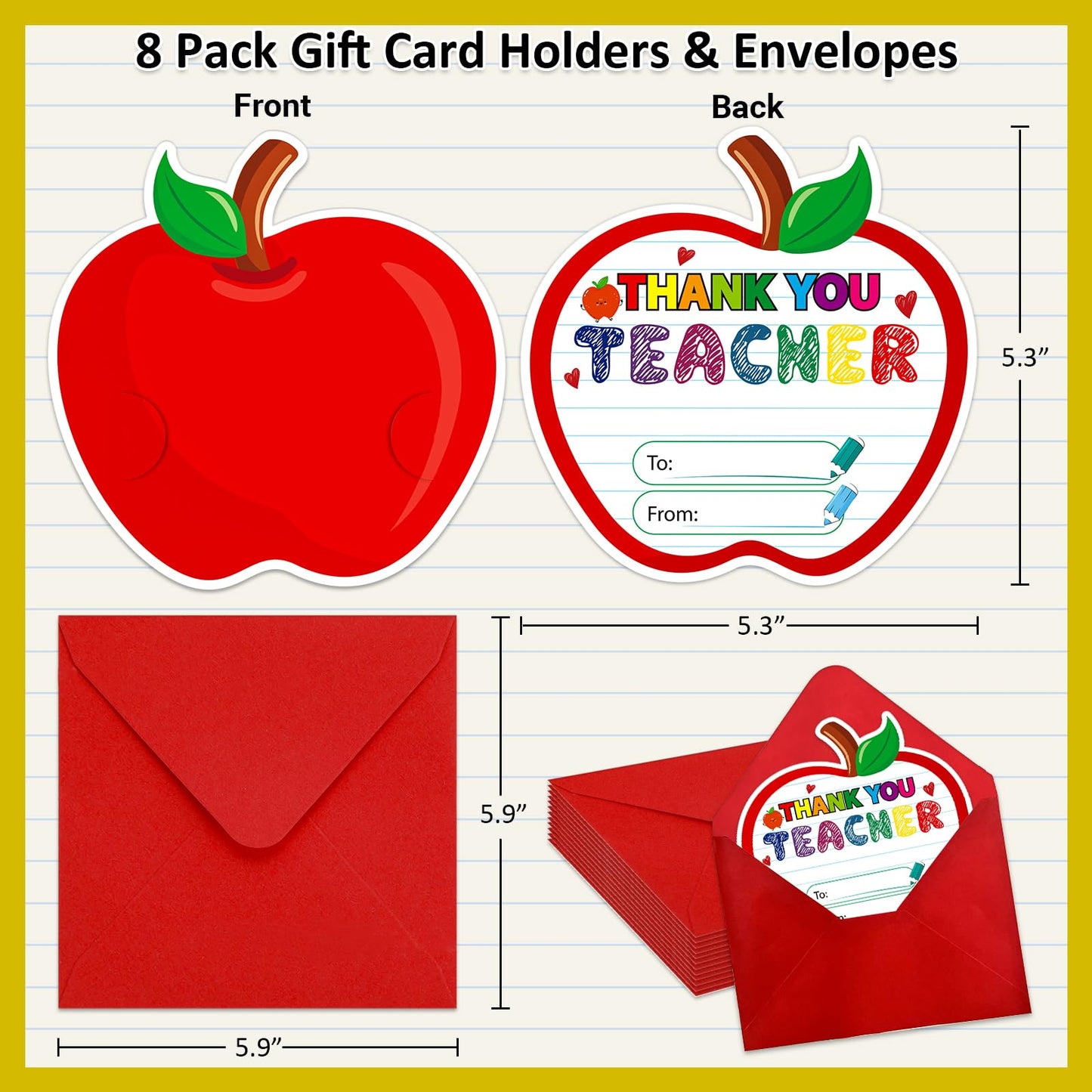 8 Pack Teacher Appreciation Gift Card Holder - Thank You Teacher Apple Gift Card Holder Money and Gift Card Sleeves End of Year Retirement Gifts for Women Men