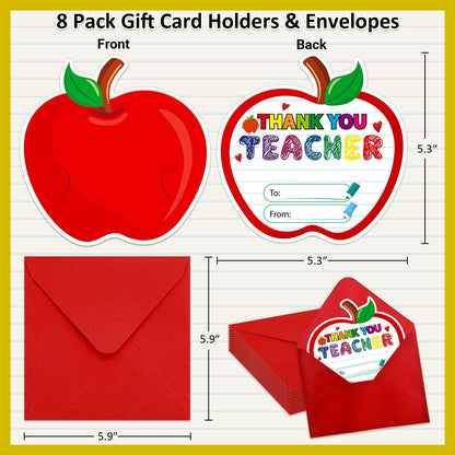 8 Pack Teacher Appreciation Gift Card Holder - Thank You Teacher Apple Gift Card Holder Money and Gift Card Sleeves End of Year Retirement Gifts for Women Men