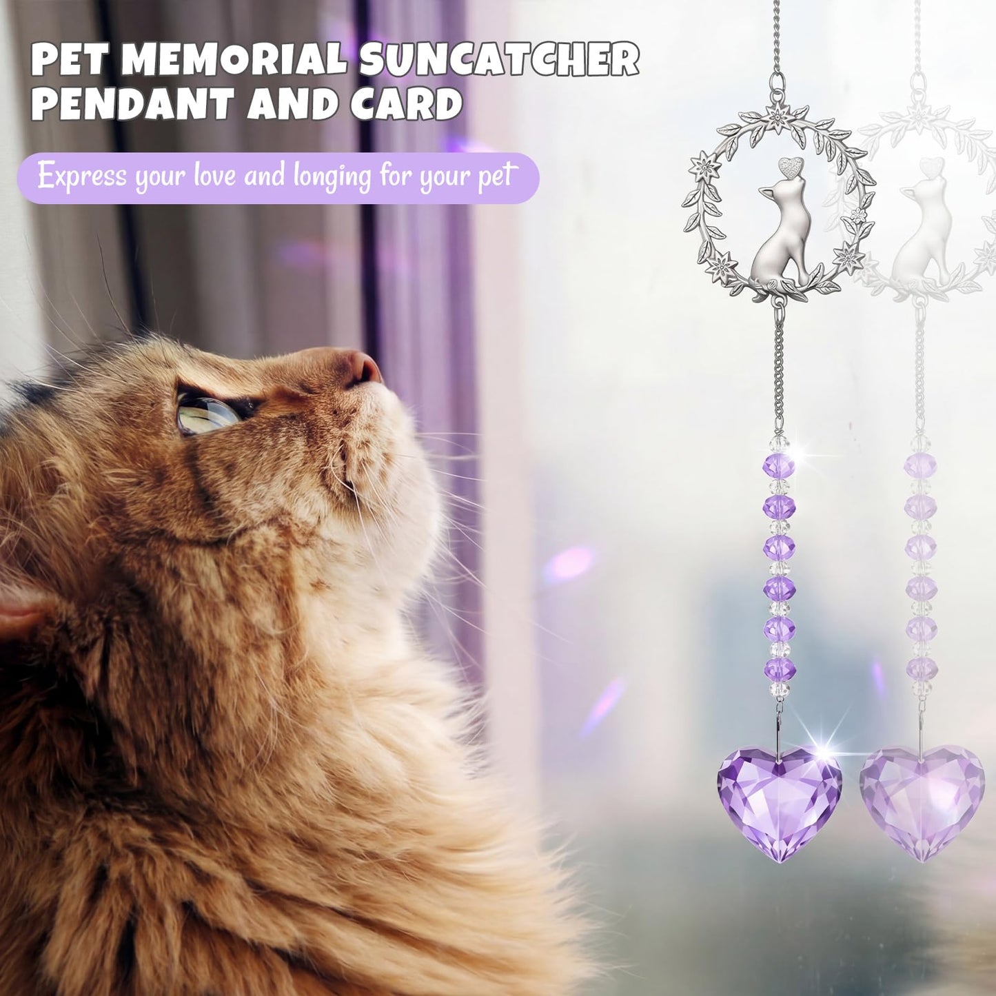 Kenning Pet Memorial Suncatcher Cat Memorial Gifts for Loss of Cat Sympathy Gifts Pet Remembrance Sun Catcher Bereavement Passing Away Remembrance Crystal Suncatcher Hanging Window Ornament (Purple)
