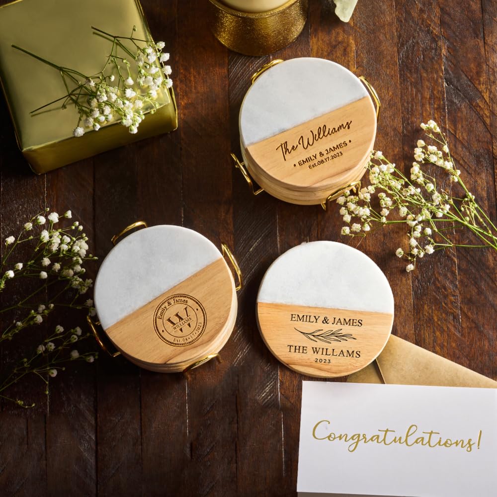 Personalized Coasters, Wedding Gift for Couple, Custom, Premium Craftsmanship Durability Tested, Custom Bar Coasters for Drinks with Monogram Engraved, Great Newlywed