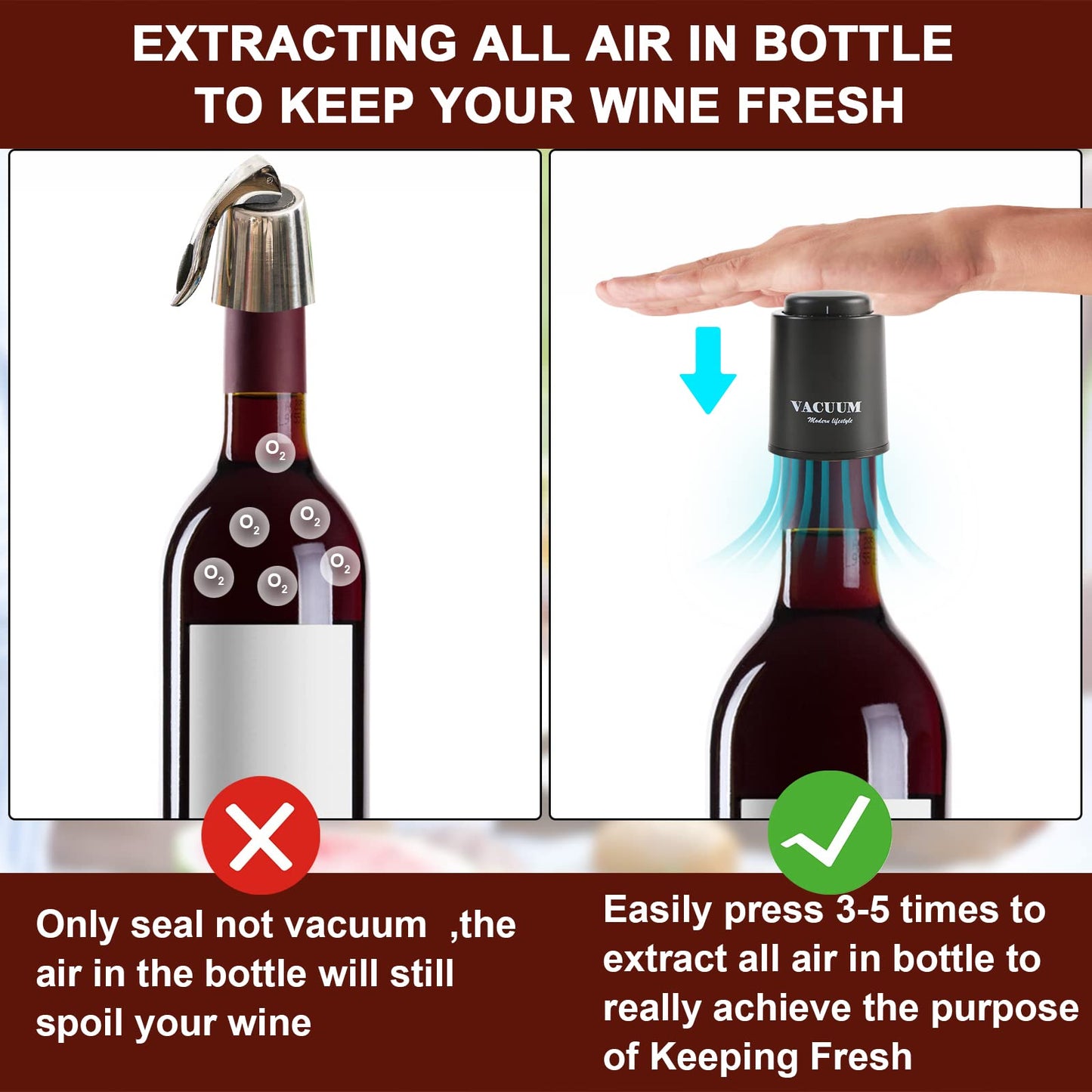 Wine Bottle Stoppers,Real Vacuum Stoppers,Reusable Wine Preserver,Wine Corks Keep Fresh,Best Christmas and Birthday Gifts for Wine Lovers.