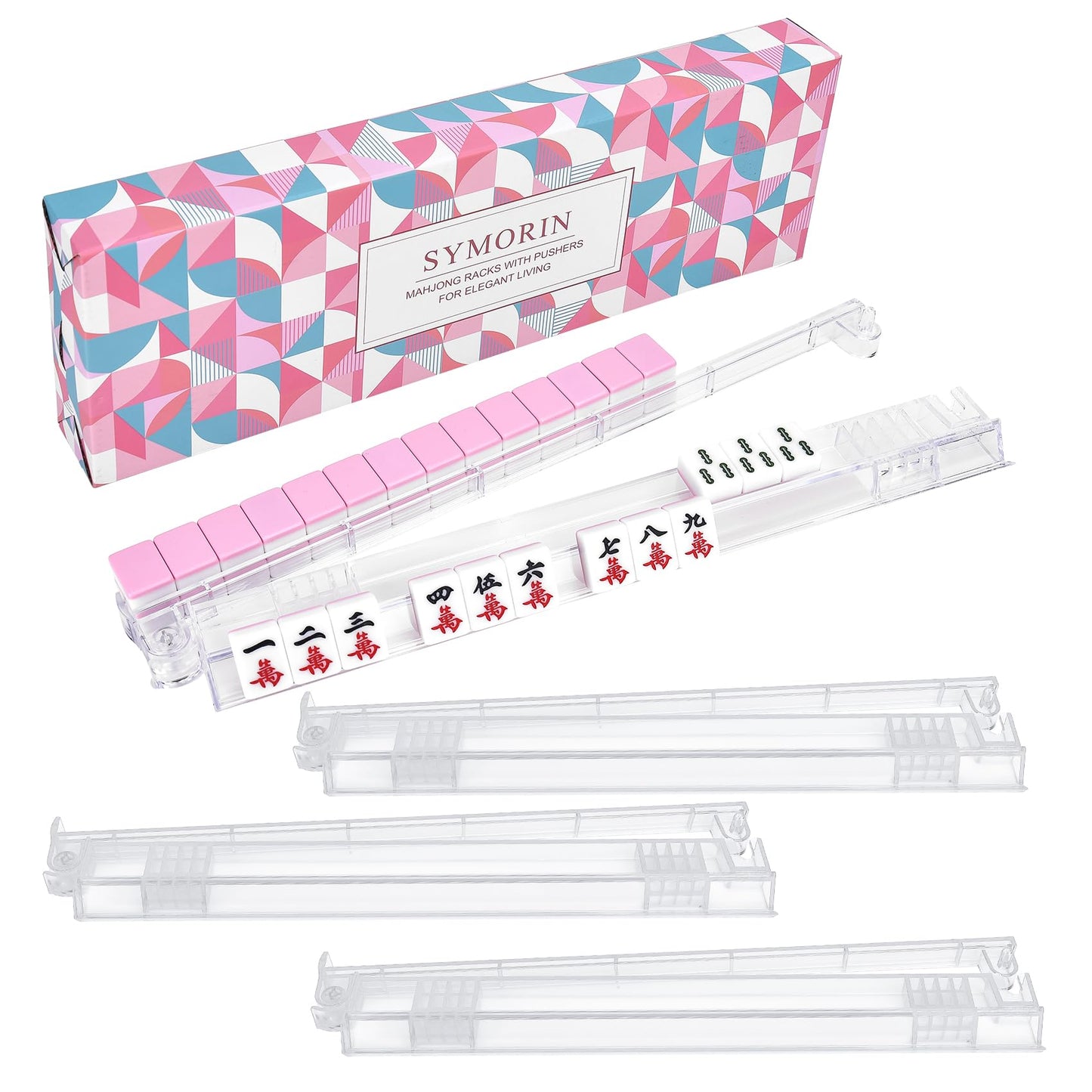 Non-Slip Mahjong Racks with Pushers, 4-Pack Clear Acrylic Racks, American Mahjong Accessories, Gift-Ready Mahjong Gifts (Clear)