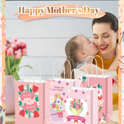 Yeaqee 100 Pcs Mother's Day Pape Gift Bags with Handles Pink Floral Treat Bags Bulk for Mother's Day Party Favors Decorations
