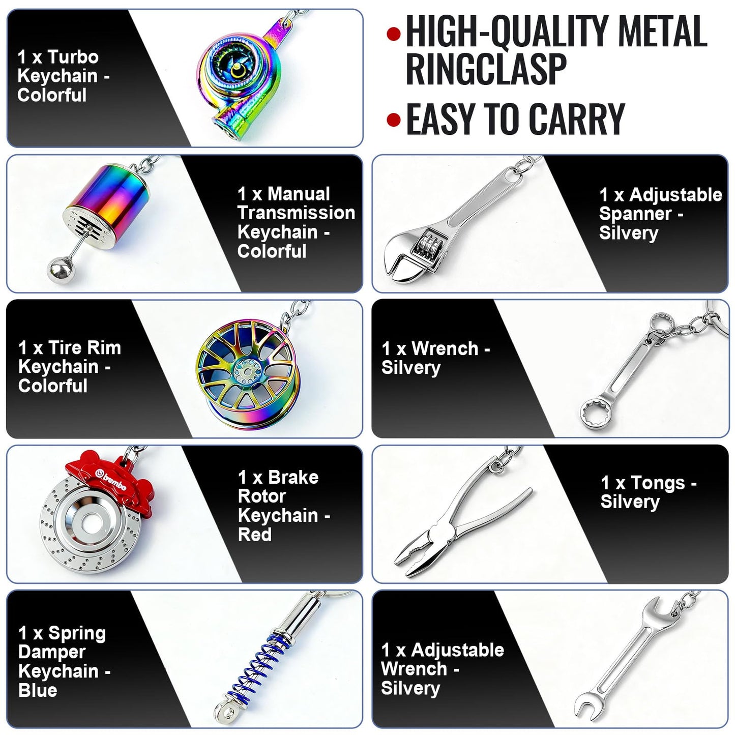 9 Pcs Metal Car Parts Keychains - Turbo, Gear Shifter, Wheel Rim, Spanner, Brake Disc, Wrench, Tongs | Cool Fun Novelty Gift for Car Guys | Men's Automotive Accessories Keyrings for Keys