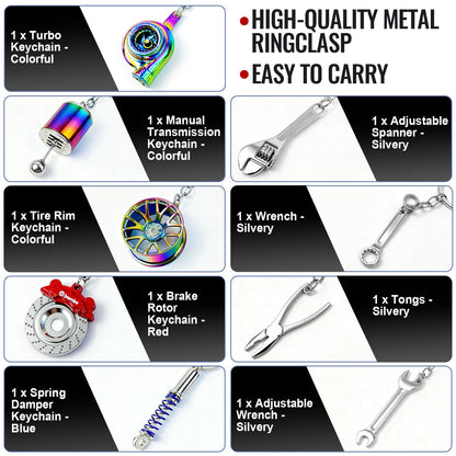 9 Pcs Metal Car Parts Keychains - Turbo, Gear Shifter, Wheel Rim, Spanner, Brake Disc, Wrench, Tongs | Cool Fun Novelty Gift for Car Guys | Men's Automotive Accessories Keyrings for Keys