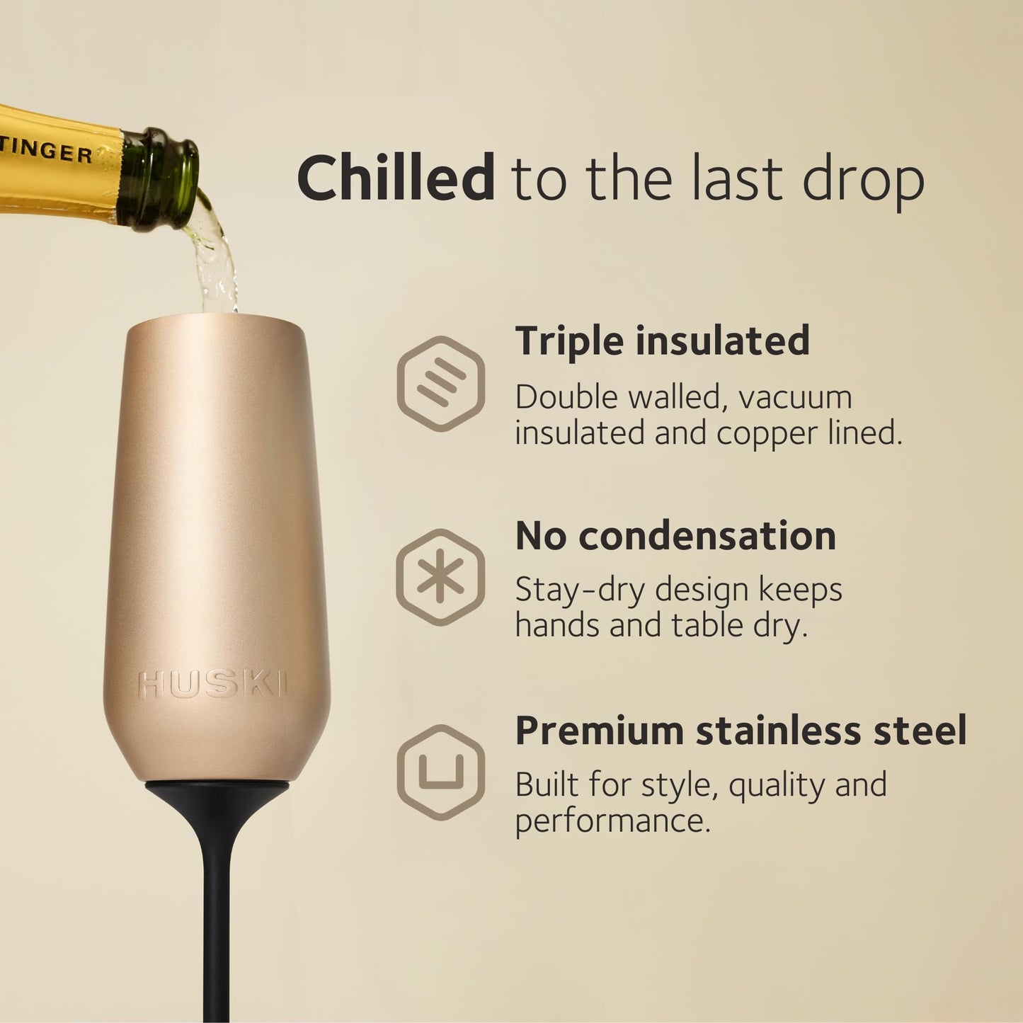 Huski Champagne Flute | NEW | Award-winning Design with Detachable Stem | Premium Stainless Steel Champagne Glass with Lid | Triple Insulated Tumbler | 8oz Capacity | Great Gift (Powder Pink)