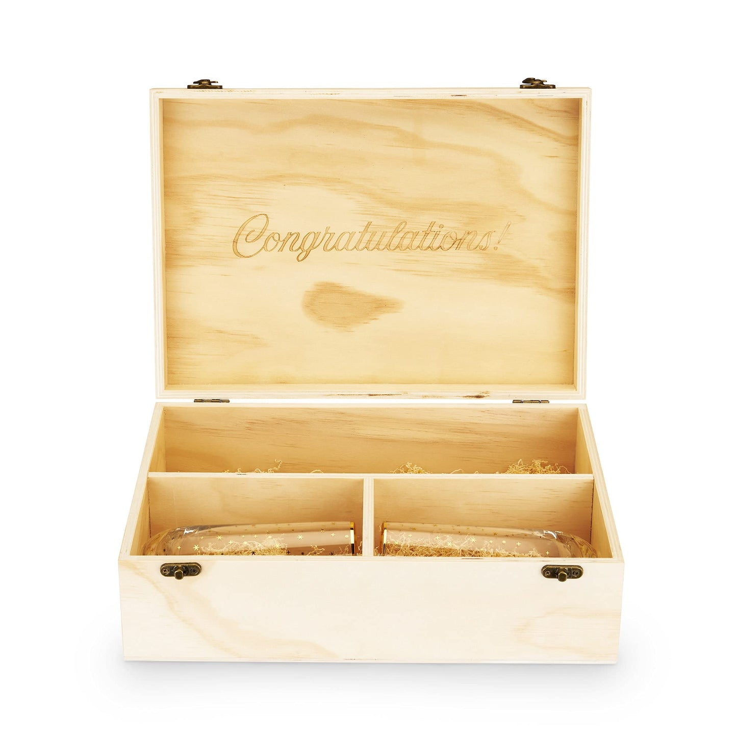 Twine Champagne Bottle Gift Box, Wine Box with Lid and 2 Stemless Flutes, Packing Straw, Holds 1 Champagne Bottle, Wood