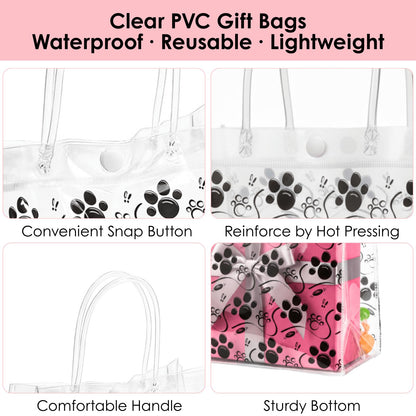 Youeon 30 Pcs Dog Paw Clear Gift Bags with Handles, 8x8x3 Inch Reusable PVC Treat Bags, Transparent Plastic Tote Bags for Pet Party, Birthday, Baby Shower, Candy, Cookie, Easter Favor Gifts