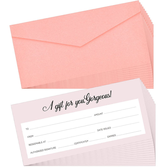 Junkin 60 Pcs Blank Gift Certificate Card and Paper Vouchers and Pink Envelopes Gift Voucher Blank Gifts Cards for Thanksgiving Businesses Wedding Baby Shower, 8.66 x 4.33 Inches