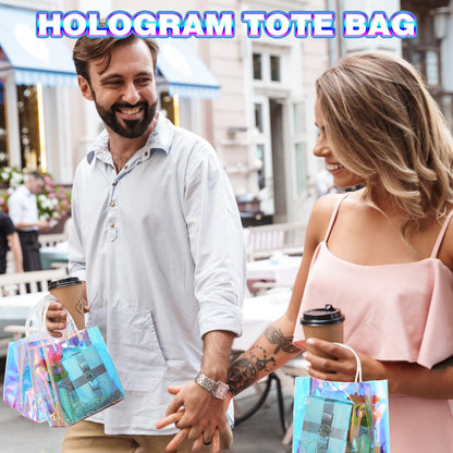 Sherr 25 Pcs Clear Holographic Small Gift Bag Iridescent Reusable PVC Plastic Gift Wrap Tote Bag for Shopping Wedding Birthday Baby Shower Party Favor, 7.87" x 7.87" x 3.15"