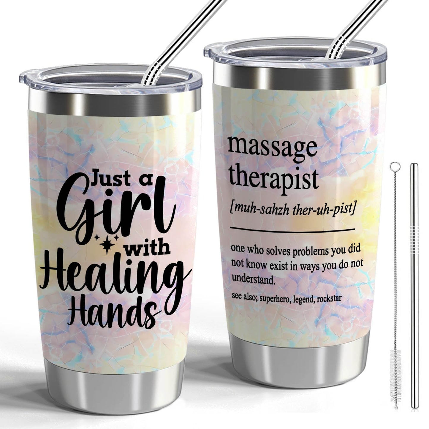 Massage Therapist Gifts Massage Therapist Definition 20oz Stainless Steel Insulated Tumbler with Lid and Straw Just a Girl with Healing Hands (Girl with Healing Hands)