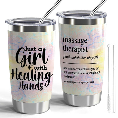 Massage Therapist Gifts Massage Therapist Definition 20oz Stainless Steel Insulated Tumbler with Lid and Straw Just a Girl with Healing Hands (Girl with Healing Hands)