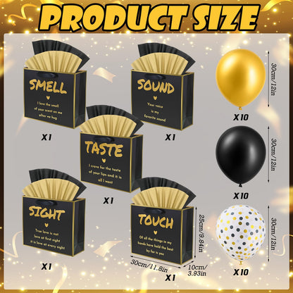 AmazingSpark 5 Senses Gift Valentines Day Decorations for Him/Her, Five Senses Gift Bags Decor with Rose Petals Heart-shaped Tissue Paper, Black Present Boxes for Birthday Anniversary Wedding Party