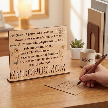 Qunclay Bonus Mom Gifts Wooden Standing Sign Plaque Gifts for Stepmom Adoptive Bonus Mom Definition Thank You Gift Desk Sign for Mothers Day Stepmother Birthday Christmas Gift
