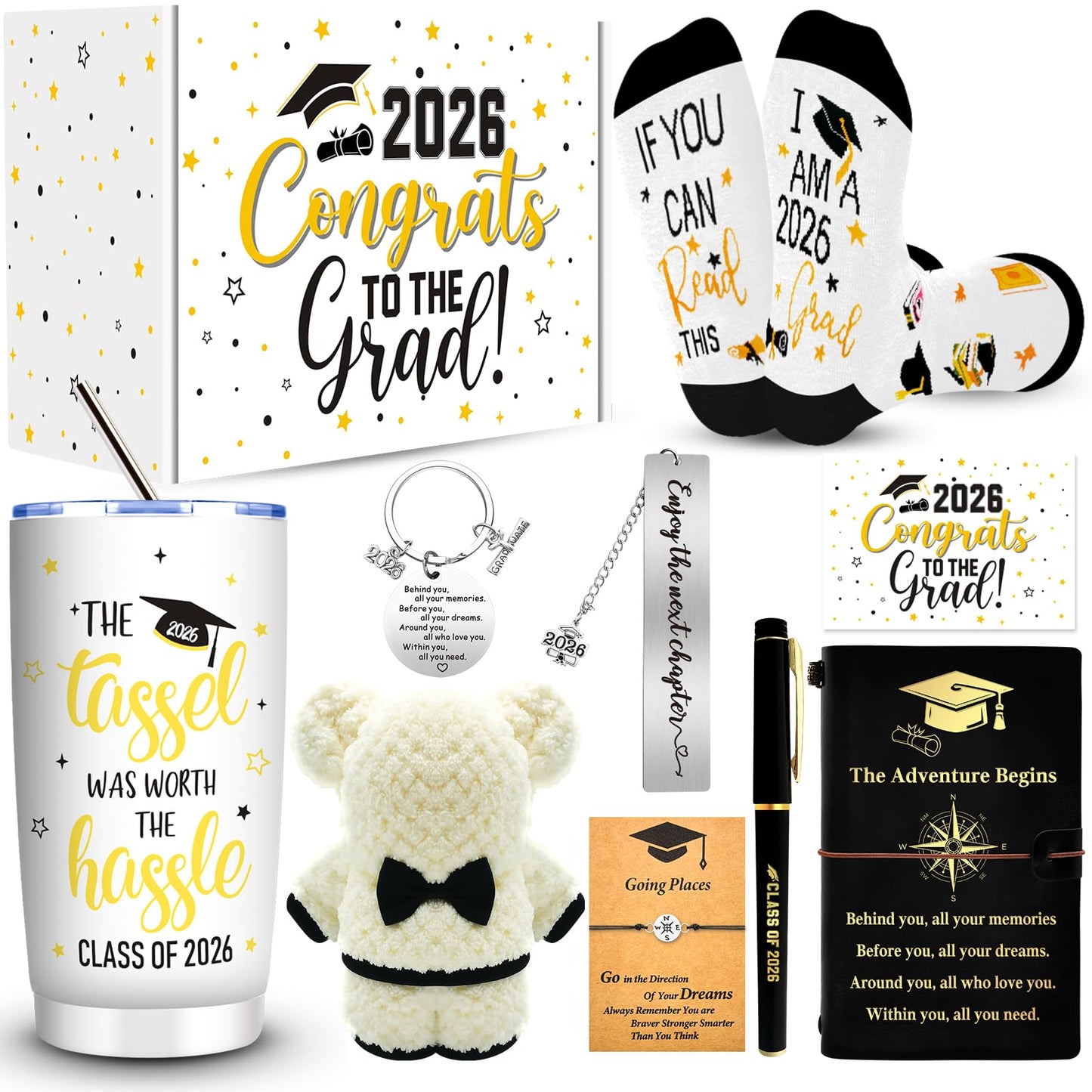 10 Pieces 2026 Graduation Gift Box Set, Class of 2026 Graduation Gift Basket with 20 Oz Tumbler, Socks, Bear Towel, Journal Notebook, Pen, Bookmark, Bracelet, Keychain for High School College Gifts