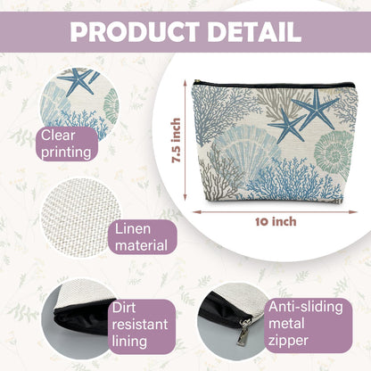 Ocean Starfish Coral Seashell Beach Makeup Bag, Marine Life Sea Animals Cosmetic Bags for Women, Beach Vacation Gifts, Ocean Themed Gifts