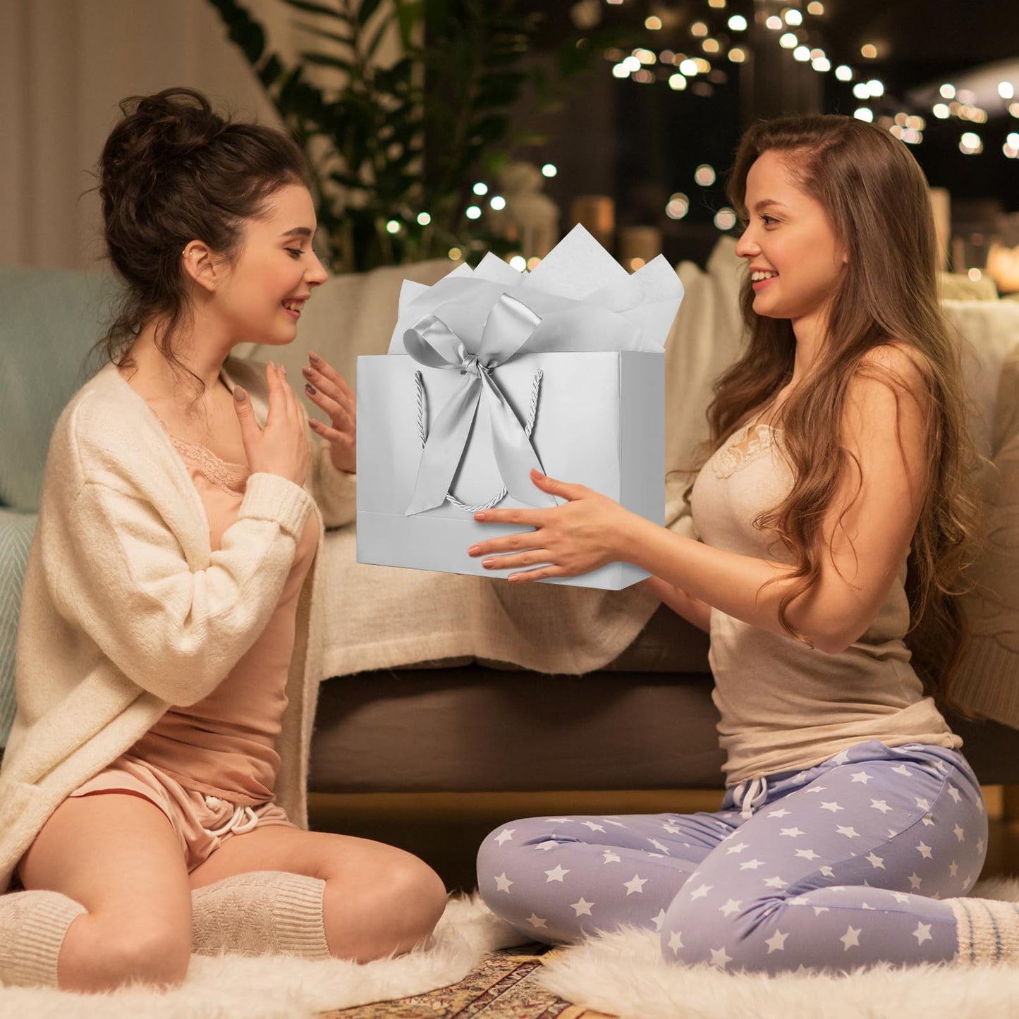 Gfractolux Medium Gift Bags With Tissue Paper, Cards, and Handles - 2 Pcs for Birthdays, Baby Shower, Wedding, Party Favor, Holiday Presents - 11"X7.9"X3.9" (Silver)