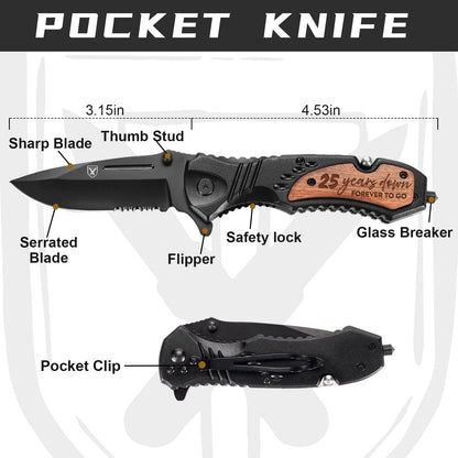 25 Years Anniversary Keepsake Gifts for Him, 25th Anniversary Present for Men Boyfriend Husband Couple, 25 Years Marriage Keepsake, Wedding Date Engraved Pocket Knife with Box, Personalized Mens Knife