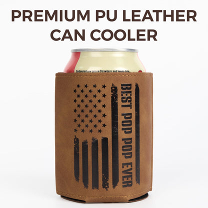 Best Pop Pop Gifts – Funny PU Leather Can Cooler Sleeve for PopPop from Grandkids, Fathers Day Birthday Christmas Gift Idea, Fits 12 Oz Cans