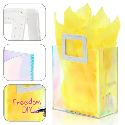 KeerxunBag 1 Pack Holographic Gift Bags with Handles & 2 Tissue Paper Sheets – Iridescent Transparent Reusable Bags for Women, Girls, Birthdays, Weddings，Yellow Gift Bag