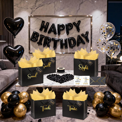 5 Senses Gift Bags for Him Her with Labels Birthday Decorations, Gold Foil Five Senses Gift Bags with Handle Tissue Paper Balloon Envelopes Cards Rose Petals Party Decor 13" x 10" x 5" Inches (Black)