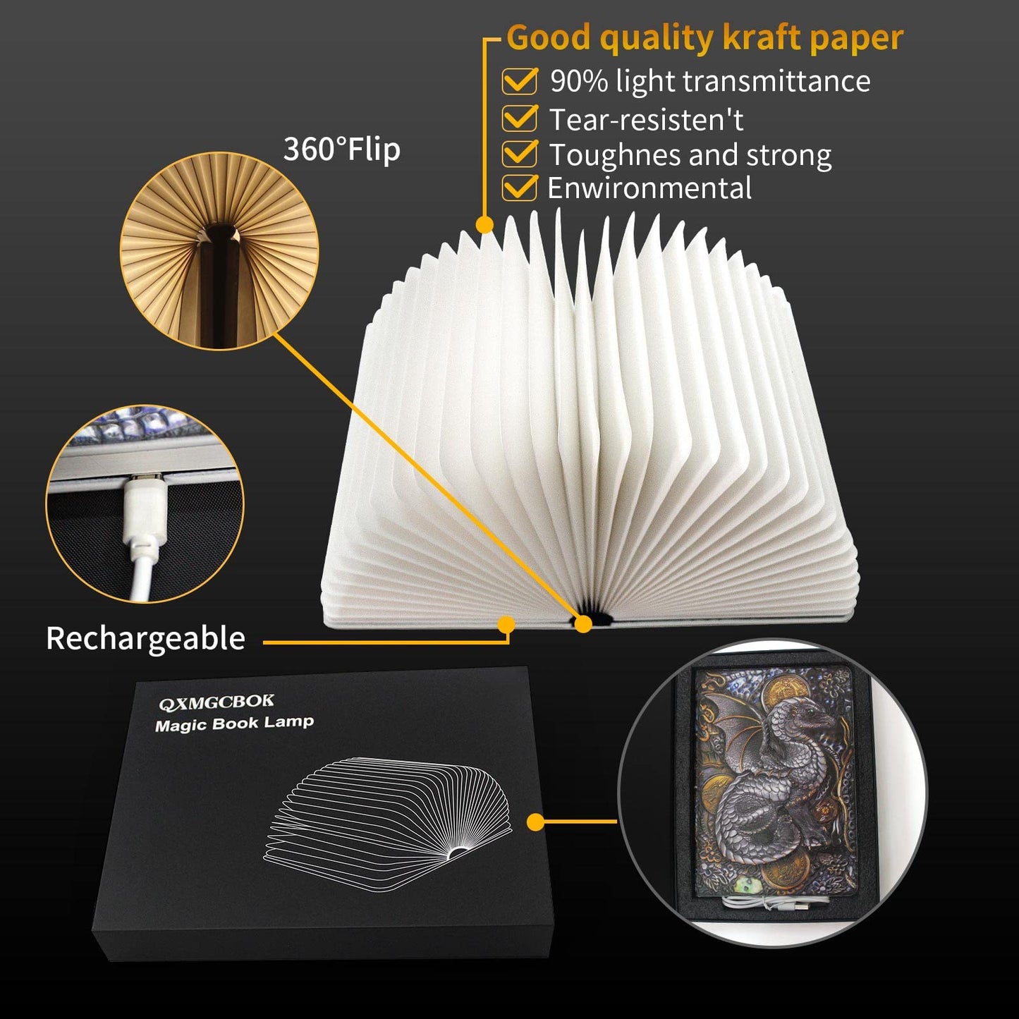 QXMGCBOK Folding Book Lamp Dragon Night Light, Book Light as Gifts for Book Lovers,Portable Bedside Light (3 Colors)