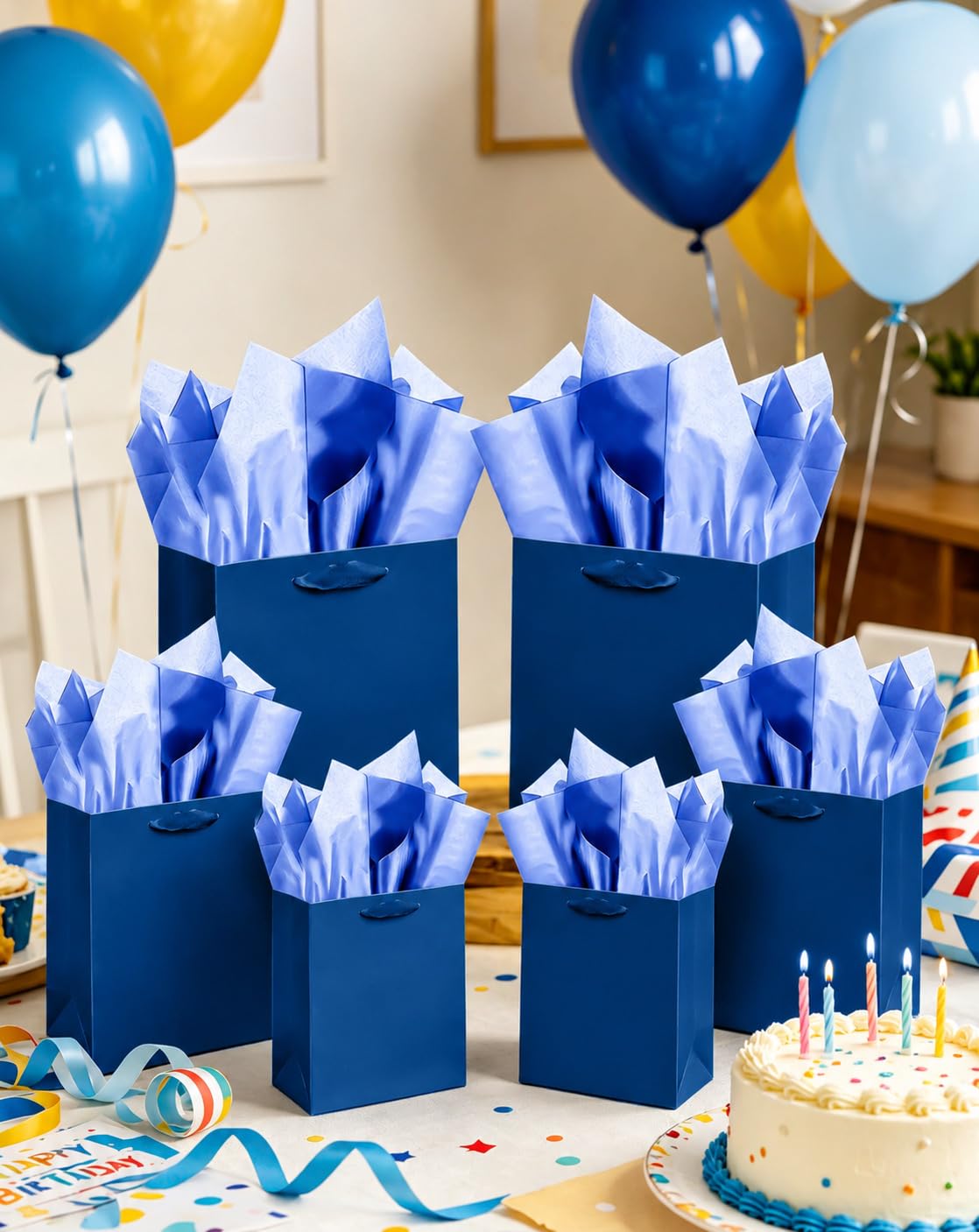 qiqee Navy Blue Gift Bags with Tissue Paper Mulit Assorted Sizes 10PCS Present Party Favor Birthday Bags(2pcs Large 13", 4pcs Medium 9", 4pcs Small 6" Bags)