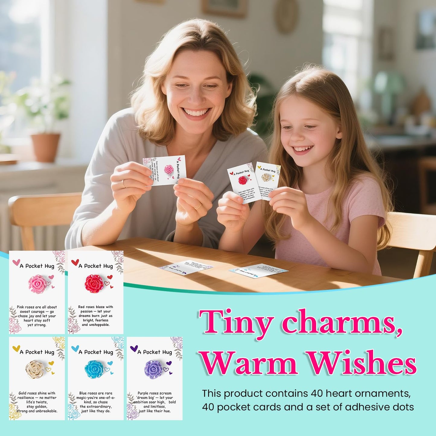 40 Sets Pocket Hug Bulk with Mini Flower, Pocket Hug Tokens with Inspirational Quotes, Encouragement Support Small Gifts for Friends Coworkers Family Long Distance Relationship Keepsake