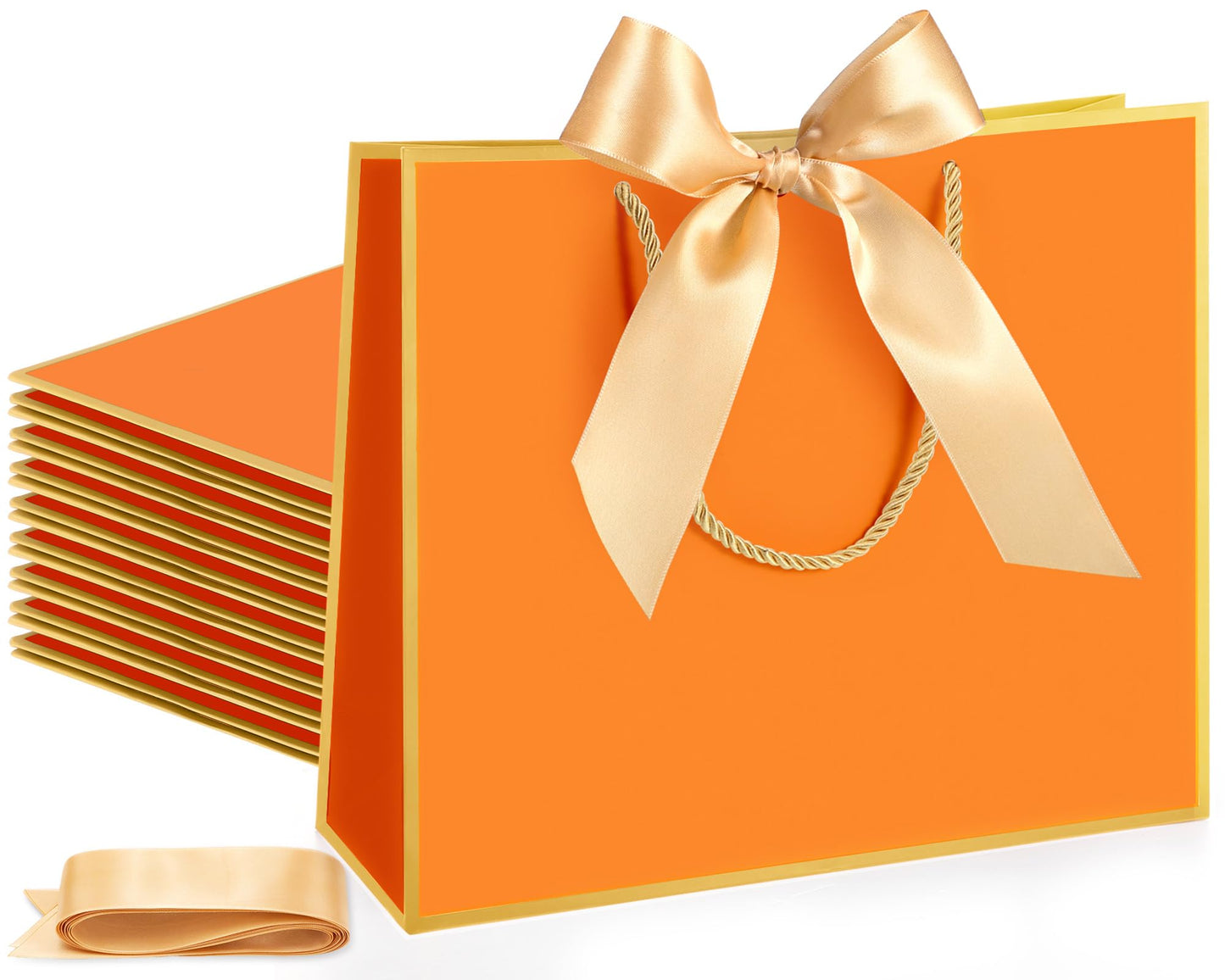 Silkfly 12 Pcs Gift Bags with Handles for Bridesmaid, 12x10x4'' Wedding Welcome Elegant Gift Bags with Bow Ribbon for Graduation Groomsmen Women Baby Shower Birthday Housewarming (Orange,Gold)