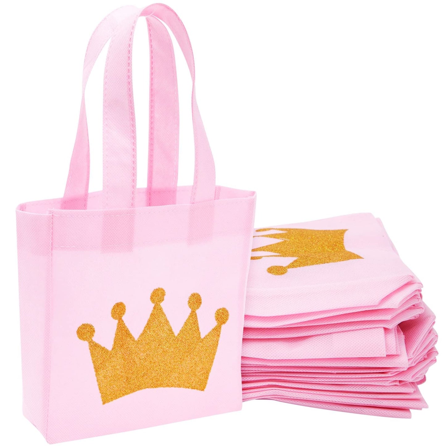 BLUE PANDA 24-Pack Princess Party Favor Bags - 6.5 x 7 x 2 in Pink Canvas Pouches - Reusable & Non-Woven Crown Treat Pouches - Bags for Princess Birthday Party Decorations