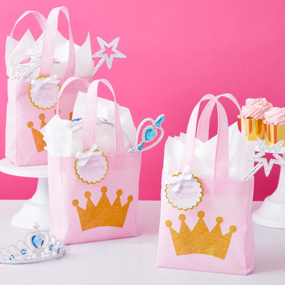 BLUE PANDA 24-Pack Princess Party Favor Bags - 6.5 x 7 x 2 in Pink Canvas Pouches - Reusable & Non-Woven Crown Treat Pouches - Bags for Princess Birthday Party Decorations