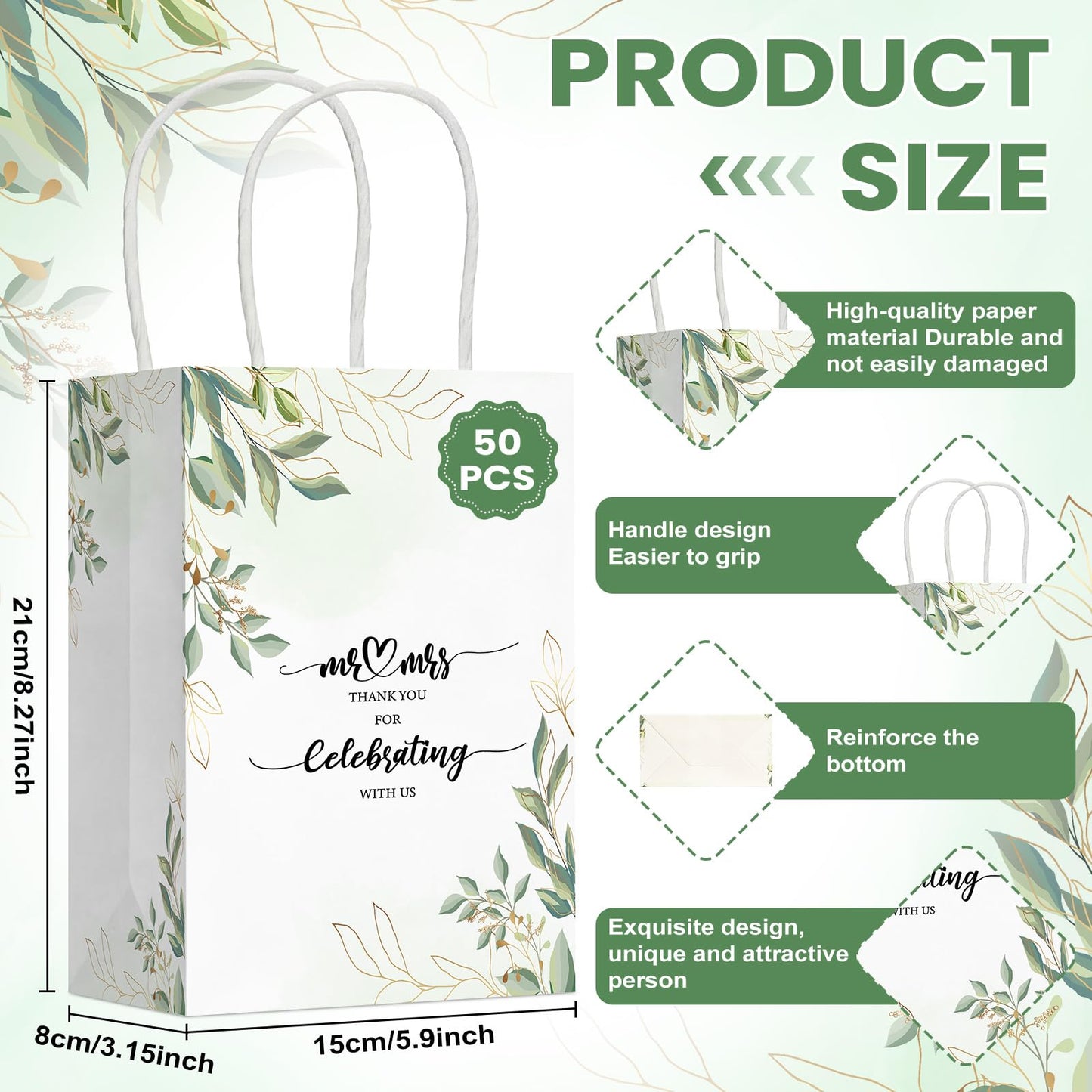 Cholemy 50 Pcs Wedding Welcome Gift Bags Bulk with Handles Thank You Kraft Paper Bags for Guests Wedding Birthday Bridal Shower Baby Shower Party Favors Supplies, 5.91 x 3.15 x 8.27 Inches
