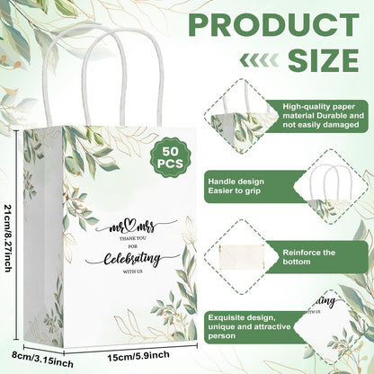 Cholemy 50 Pcs Wedding Welcome Gift Bags Bulk with Handles Thank You Kraft Paper Bags for Guests Wedding Birthday Bridal Shower Baby Shower Party Favors Supplies, 5.91 x 3.15 x 8.27 Inches