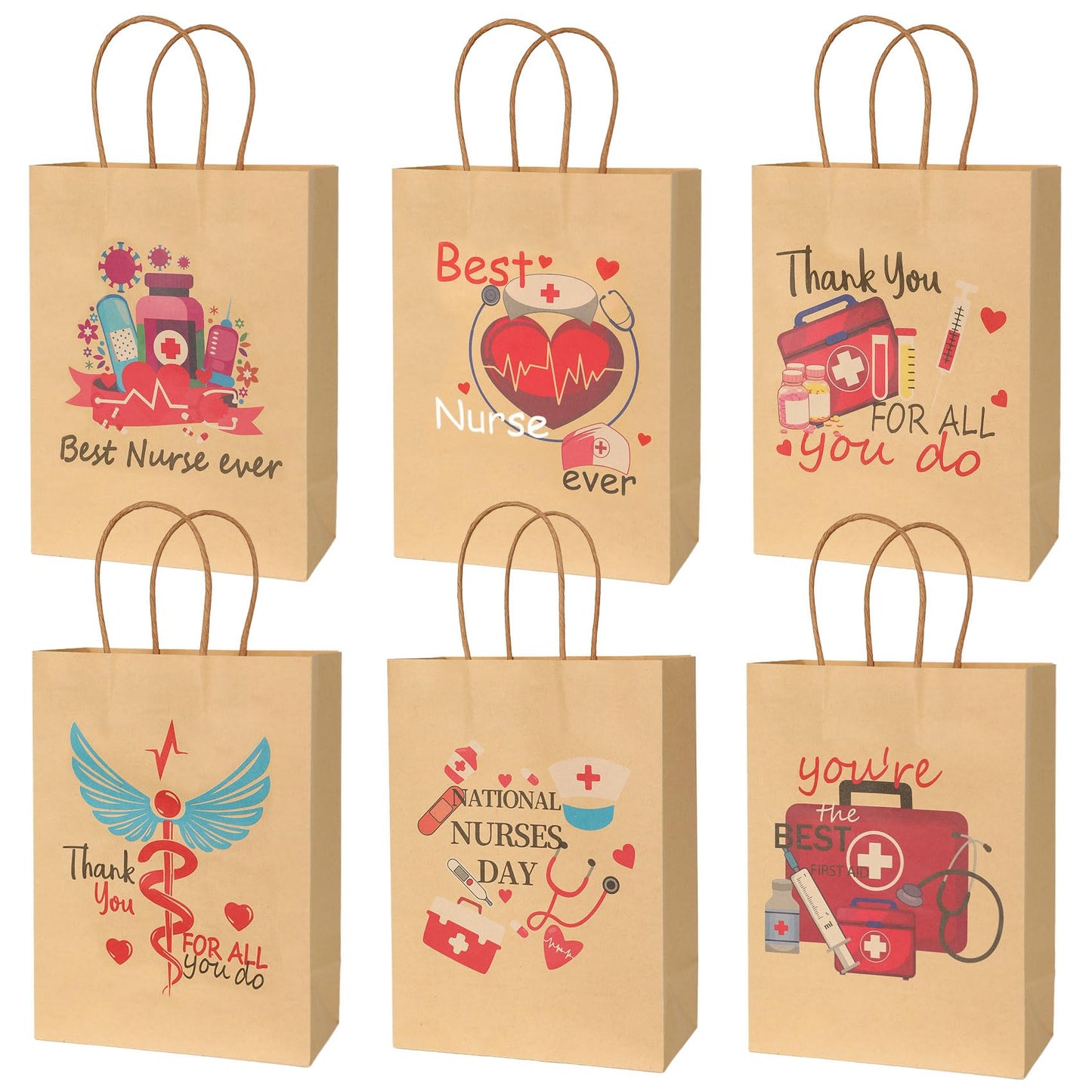 Nurse Gift Bag, 12 Pack Nurse Kraft Paper Treat Bags Nurses Week Gift Wrap Bags Healthcare Worker Goodie Bags Medical Assistant Gifts Bags with Handles for Nursing Day Medical Staff Gifts Supplies