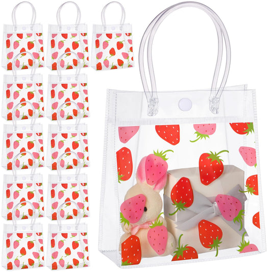 Kolldenn 24 Pcs Strawberry Gift Bags Transparent Plastic PVC Bags with Handles Strawberry Party Favor 5.9" x 2.8" x 6.3" Shopping Handbags Candy Themed Goodie Holder Supplies Birthday Treat