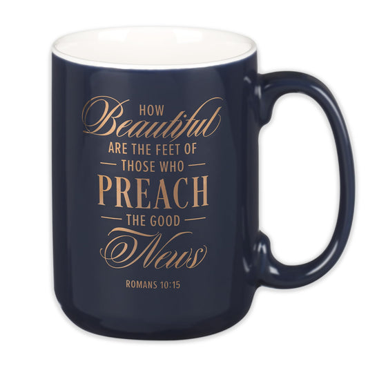 Christian Art Gifts Large Matted Ceramic Coffee & Tea Mug for Pastors: Preach the Good News Golden Inspirational Scripture, Lead & Cadmium-free Sturdy Novelty Mens Drinkware, Navy Blue & White, 14 oz.