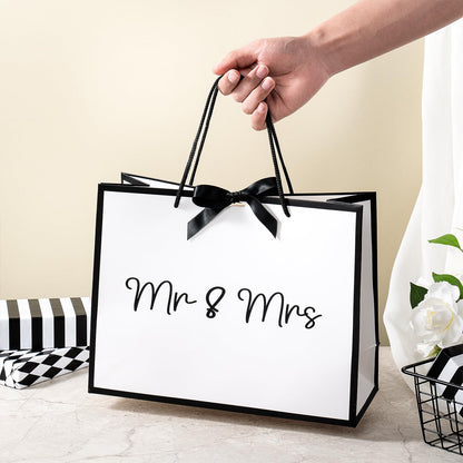 Loveinside 13" Large Wedding Gift Bag, White & Black Mr. & Mrs. Elegant Script Design Party Bag with Bow Ribbon for Couple, Wedding, Bridal Shower, Engagement, Newlywed Gift, 13" x 5" x 10", 1 Pcs