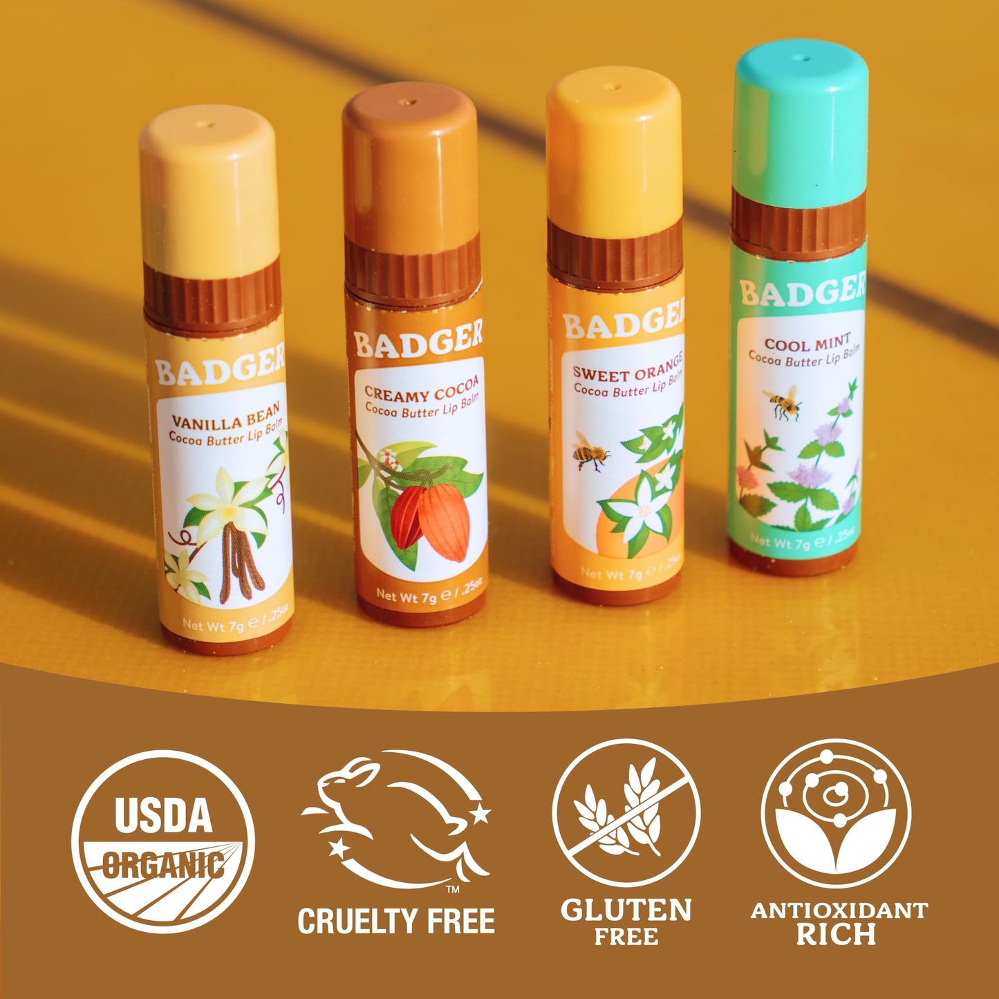 Badger Cocoa Butter Lip Balm Set, 100% Organic, Long Lasting Lip Moisturizers, Lip Care Variety Pack (Cocoa, Orange, Mint & Vanilla), All Natural Lip Balms, 4-pack