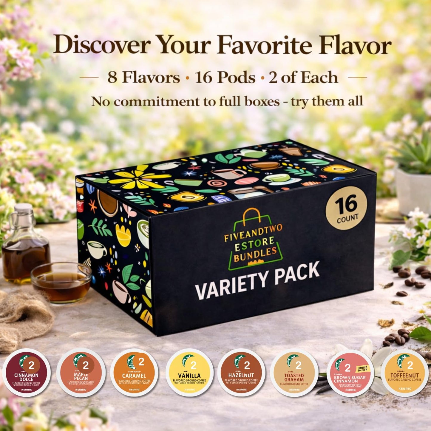 Fiveandtwoestore Bundles Flavored Coffee Pod Variety Pack, 16ct –Includes 8 Flavored K-Cup Pods - Cinnamon Dolce, Toasted Graham, Maple Pecan, Brown Sugar Cinnamon,Toffeenut, Vanilla, Hazelnut, Caramel in Giftable Box