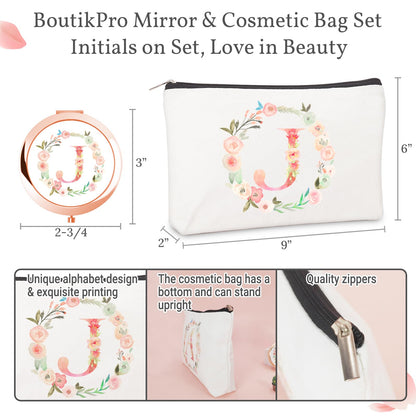 Personalized Gift Initial Compact Mirror w Makeup Bag for Women Sister Daughter Mom Wife, Floral Monogram Alphabet Small Mirror Ideal Gift on Birthday, Christmas, Graduation (J + Bag, ROSE GOLD)