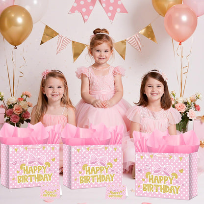 Cartoon Mouse Birthday Gift Bag with Tissue Paper and Card Pink Gold Bow Wrapping Paper Bags Large Princess Mouse Themed Birthday Party Favor Bags for Girls Bday Baby Shower Party Supplies Decorations