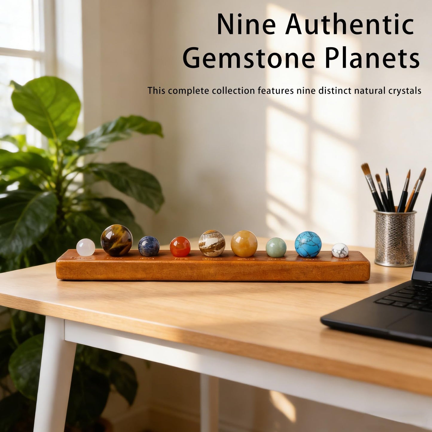 Runyangshi Nine Planets Crystal Ball Set in Display Case - Natural Stone Solar System Model with Black Foam Liner, Space & Astronomy Decor Collection