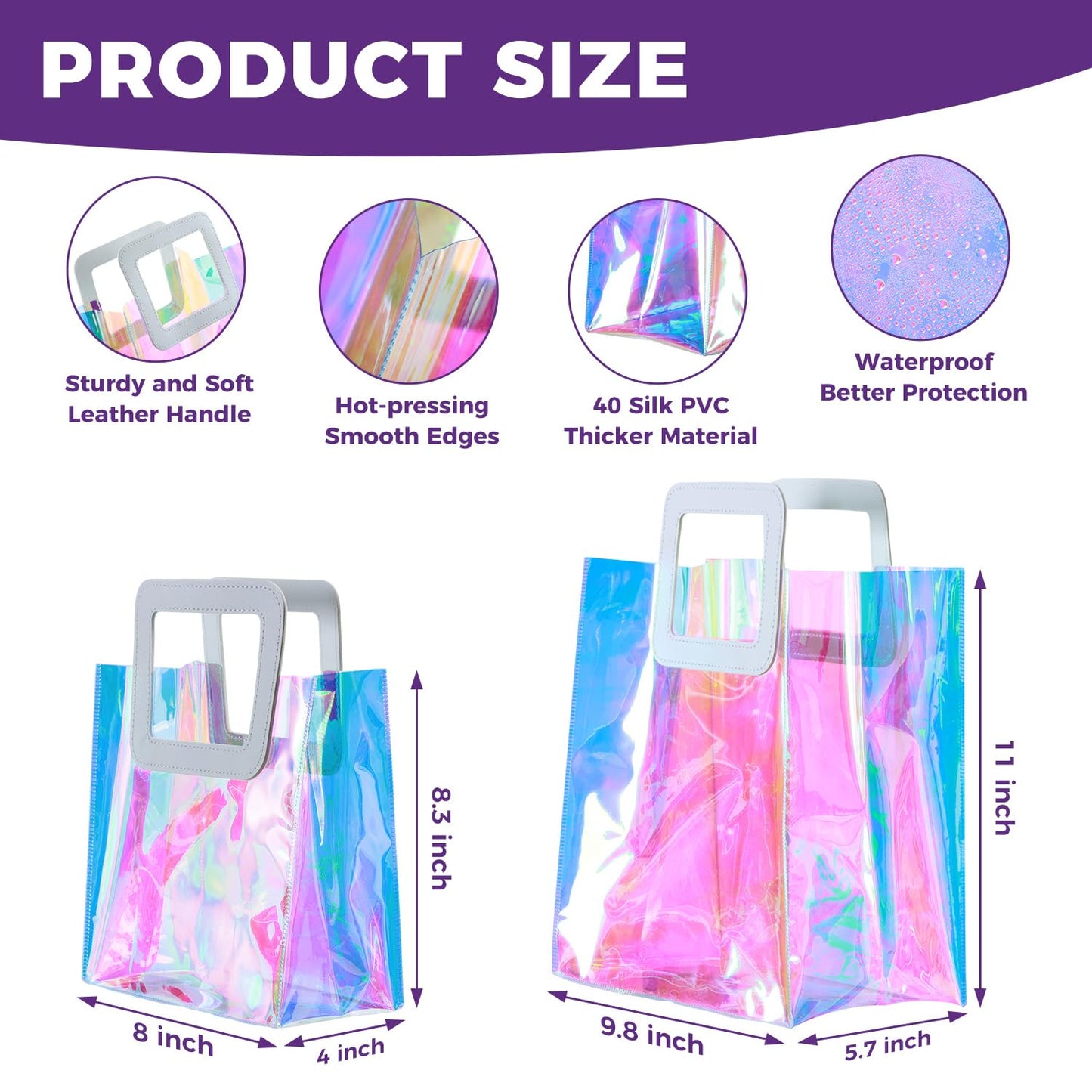 GcFoir Small Iridescent Gift Bags with Handles,15 Pcs 8.3''x8''x4'' Holographic Bachelorette Party Favor Bags, Clear Gift Bags with Handles, Reusable PVC Tote Goodie Bags for Shopping, Baby Showers