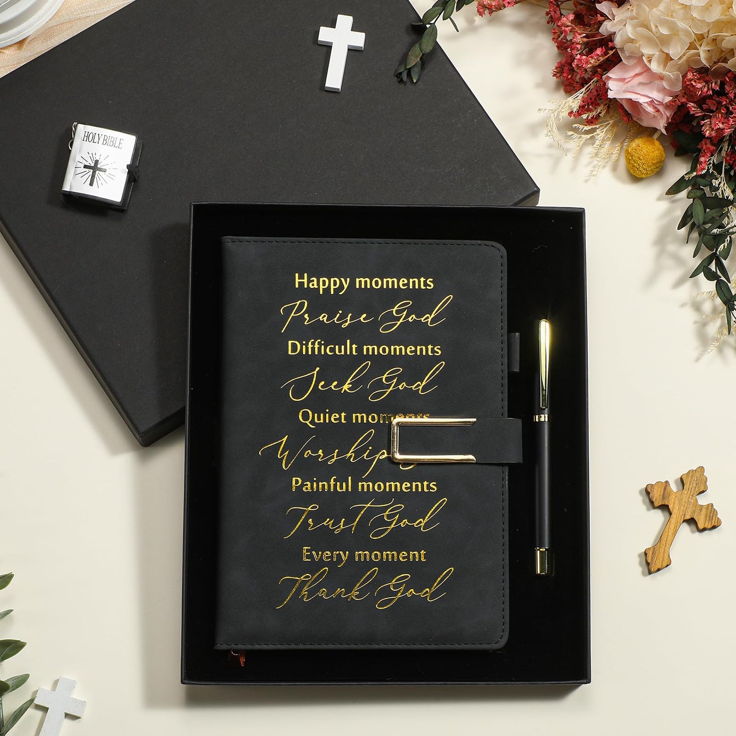 Geyoga 1 Set Father Day Christian Gift for Men Dad Leather Bible Prayer Journal with Pen A6 100 Sheets Bible Study Notebook Kit Religious Gift for Husband Pastor Church Sunday School Graduation